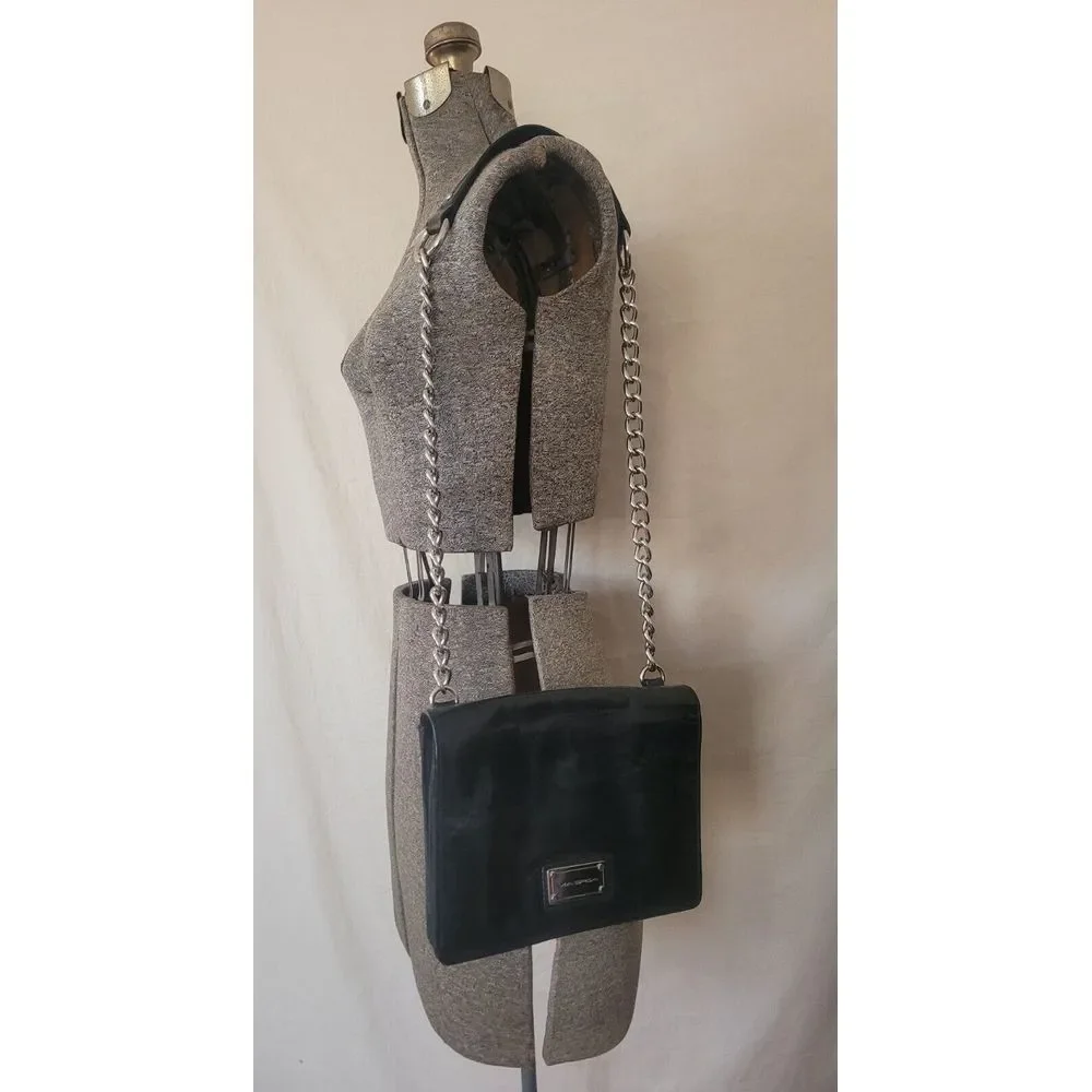 90s Y2K Via Spiga Black Shoulder Crossbody Bag Purse Leather‎ Chain Goth Grunge